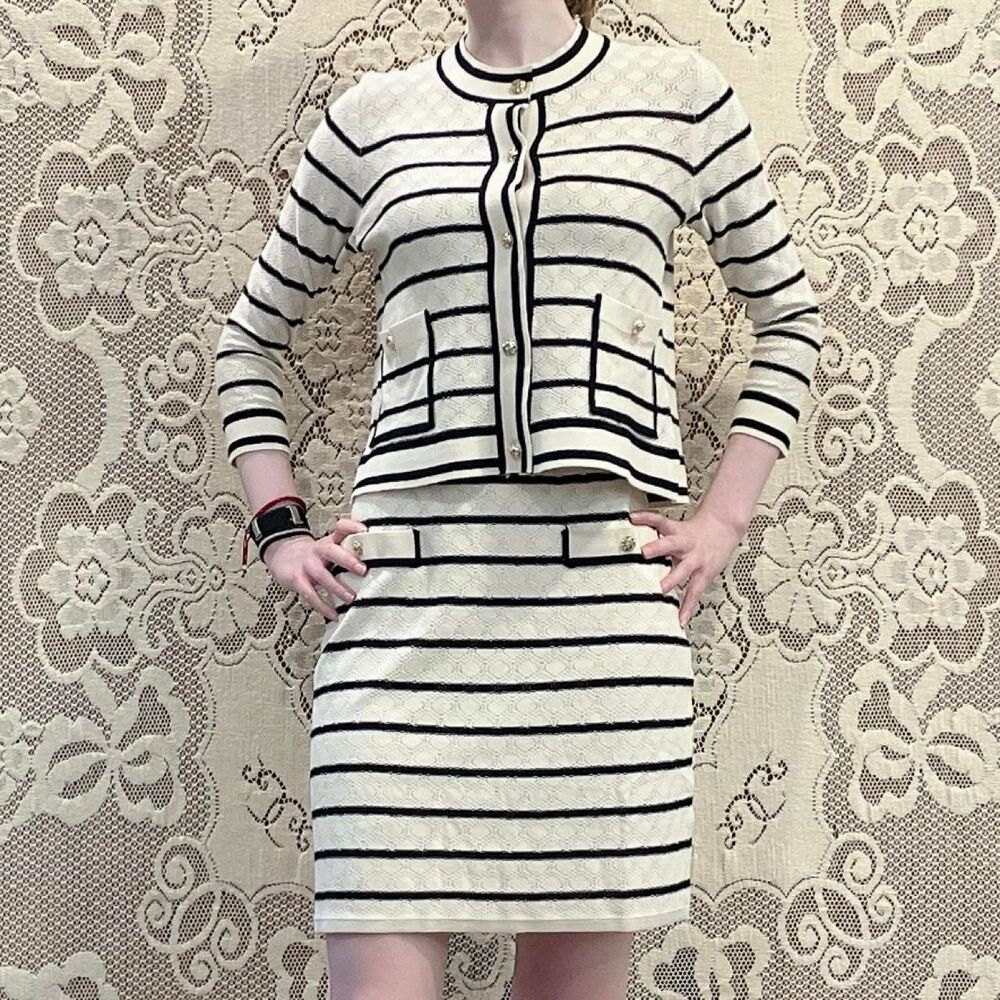 NWOT Adrianna Papell Striped Lightweight Black & Cream 2-Piece Suit Set Size XS